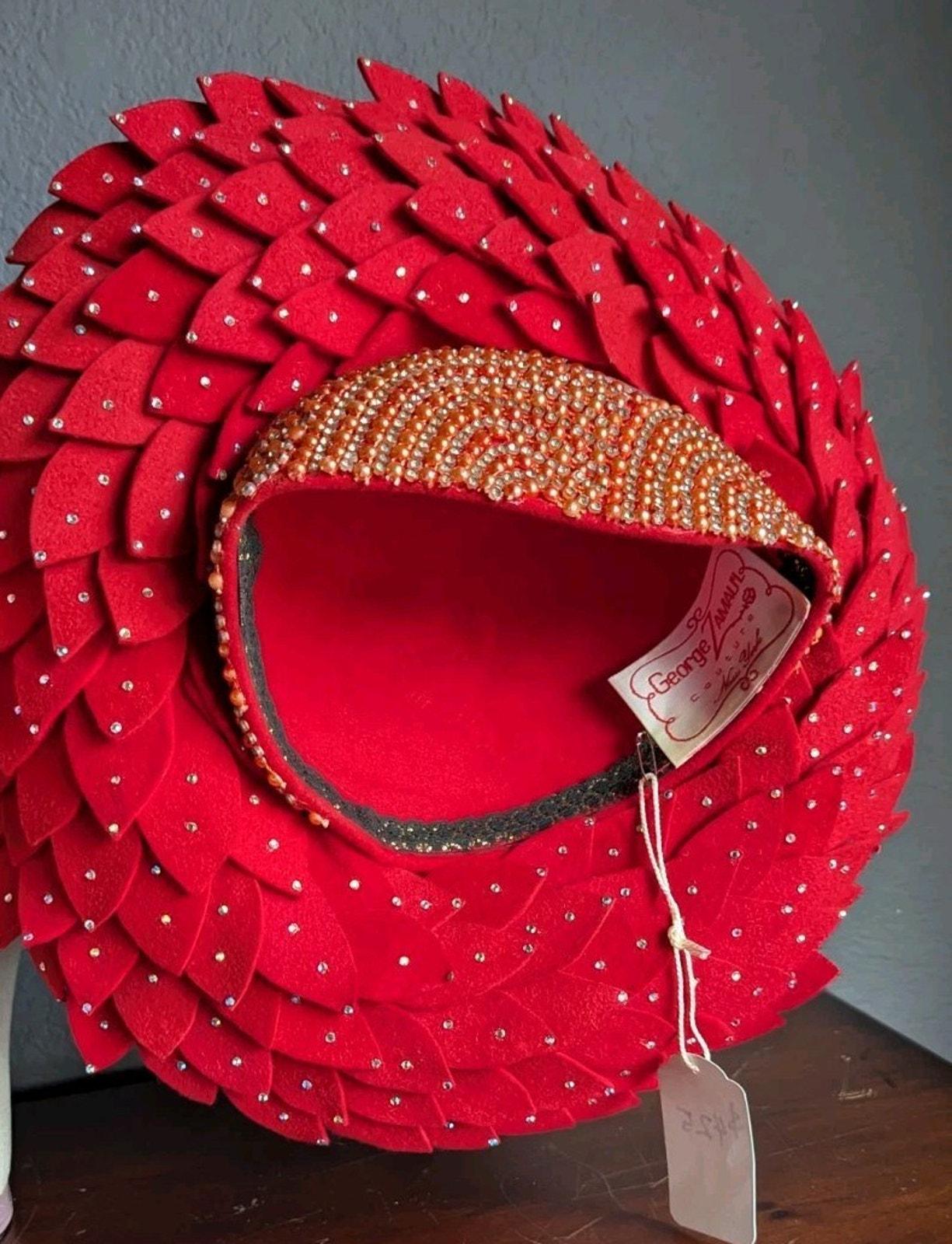 Vtg George Zamaul Couture Glamour Hat Red Rhinestone African Nigerian Beaded Vtg George Zamaul Couture Glamour Hat Red Rhinestone African  main image 2