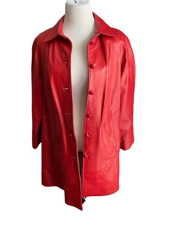 Vtg 70s Leather Factory Lipstick Red car coat Lon… - image 2