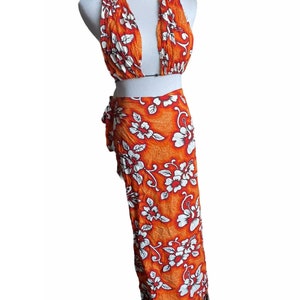 Vtg 90s Bombacha Bikini Top Sarong Wrap Skirt Set Orange Hawaiian Floral S M