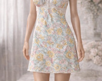 Vtg Victorias Secret Satin Nachthemd Gold Label Floral Chemise M Spitze 90er Jahre Pastell