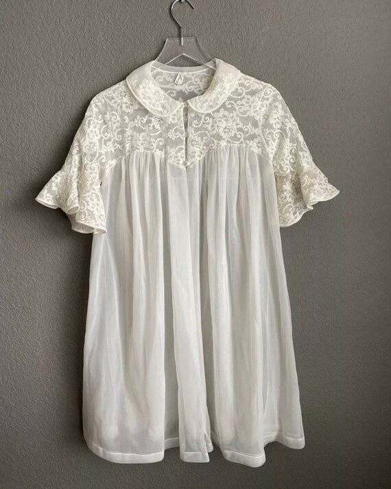 Vtg Komar Chiffon Lace Peignoir Robe Sheer Nylon M