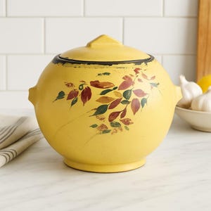 McCoy Pottery Yellow Ball Kakburk med lock Brunt blad USA mcm Fransk lantlig