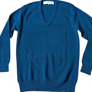 Vintage 1980s Wacoal Teal V Neck Sweater Men L Knit Blue Jumper Beijing Tokyo