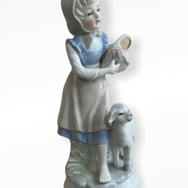 Vtg Porcelain Statue Sculpture Girl Lamb Figure Blue Ceramic Easter Sheep