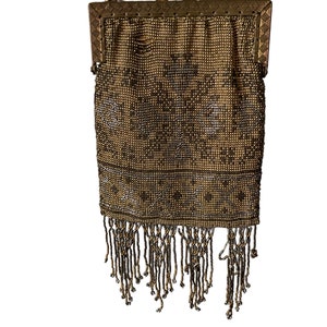 Vtg Antique Art Nouveau Gold Silver French Steel Micro Bead Fringe Bag Purse