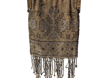 Vtg Antique Art Nouveau Gold Silver French Steel Micro Bead Fringe Bag Purse