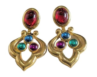 Vtg Gold Tone Gripoix Cabochon Drop Earrings purple green blue Red Colorful 80s