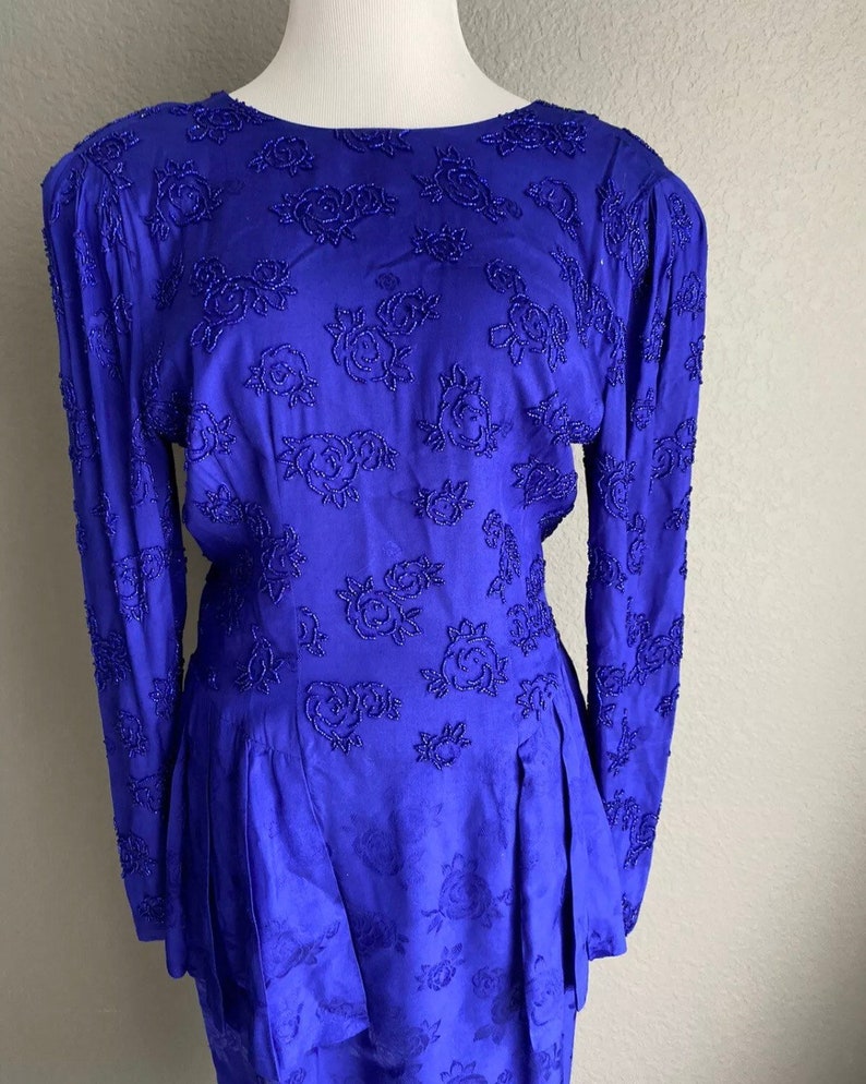 Vintage 80s Marie st Clair beaded long sleeve peplum sheath formal cocktail dress purple 8 10 open back image 8