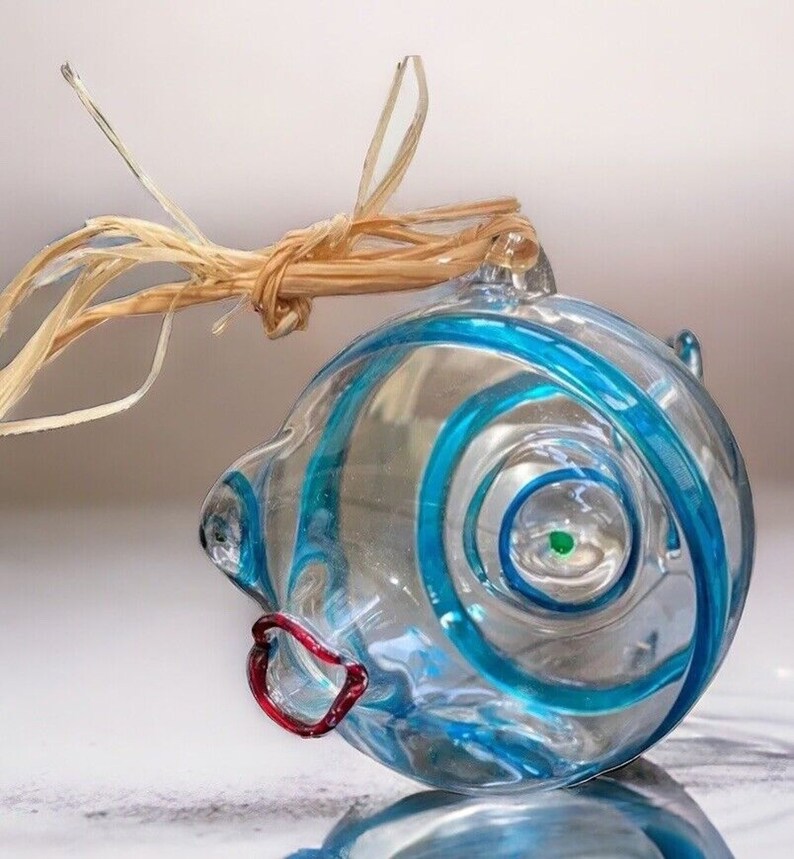 Picture of Hand Blown Glass Blow Fish Figurine Ornament Kiss Puffer Christmas Blue ...