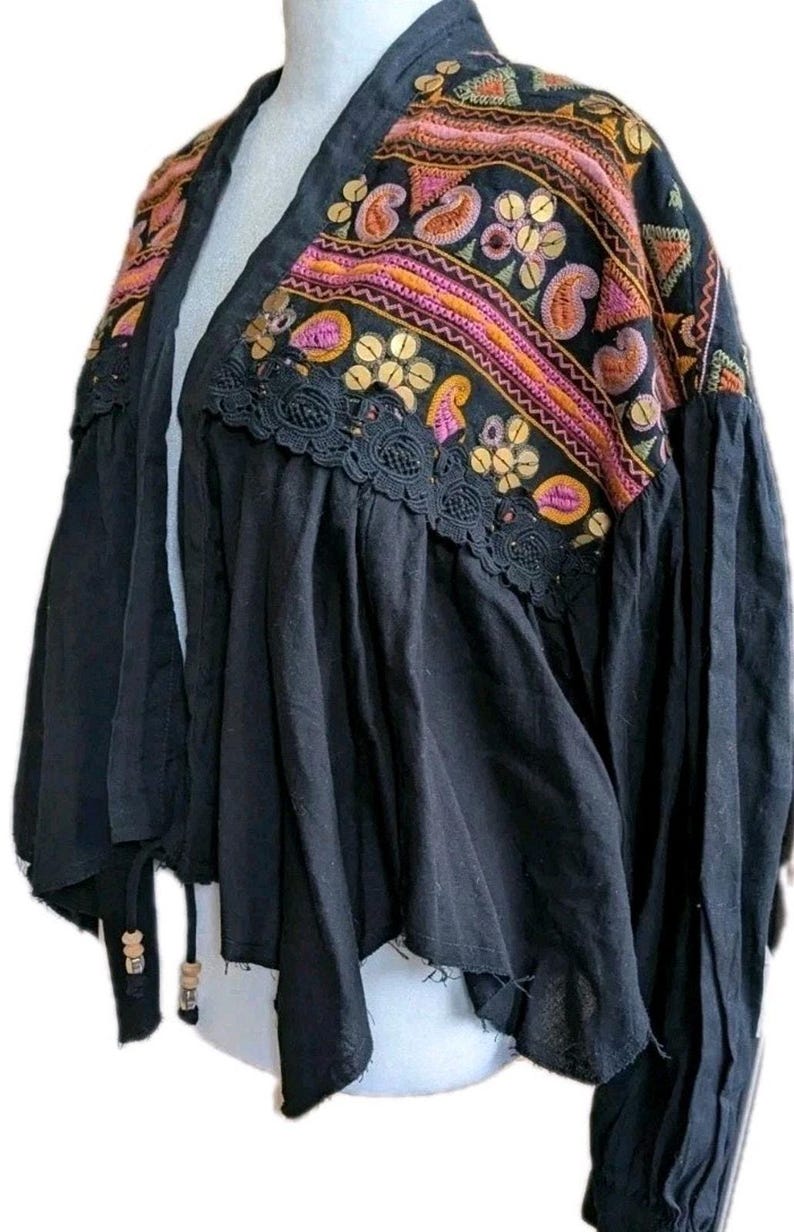 Free People Savannah Bed Jacket Boho Festival Embroidered Crop Cardigan M NWT image 2