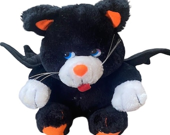Vintage svart katt Halloween plysch kattunge fladdermusvingar gosedjur Mei Da 1980-talet 8”