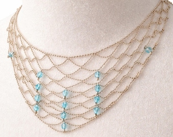 MWS Mark Wasserman Samara 925 Italy Sterling Bib Necklace Blue Crystal Fringe