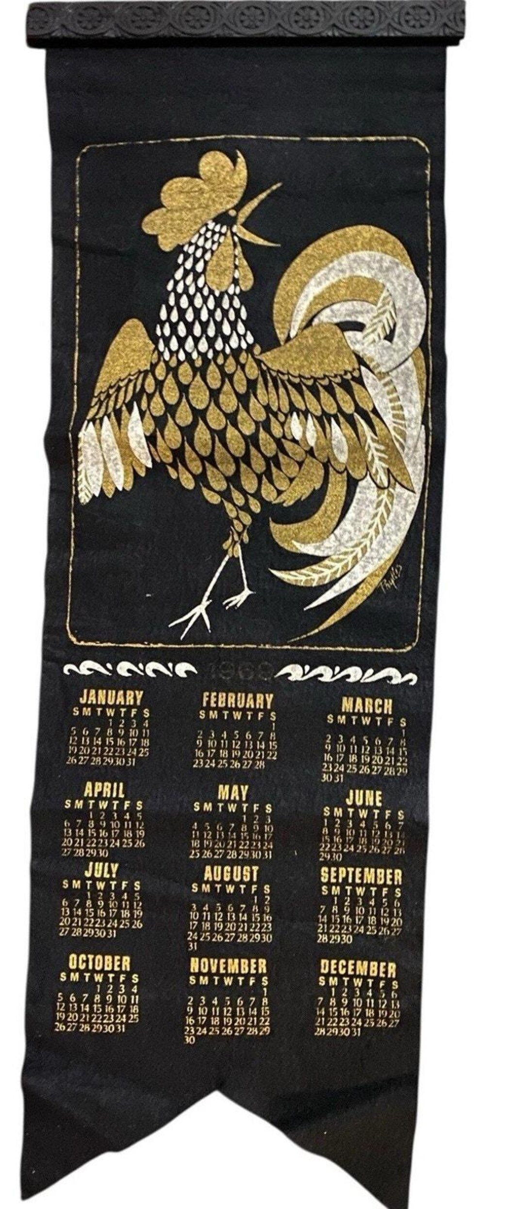 1969 Felt Calendar Rooster Hanging Wall Art MCM Vtg Black Gold Chicken ...