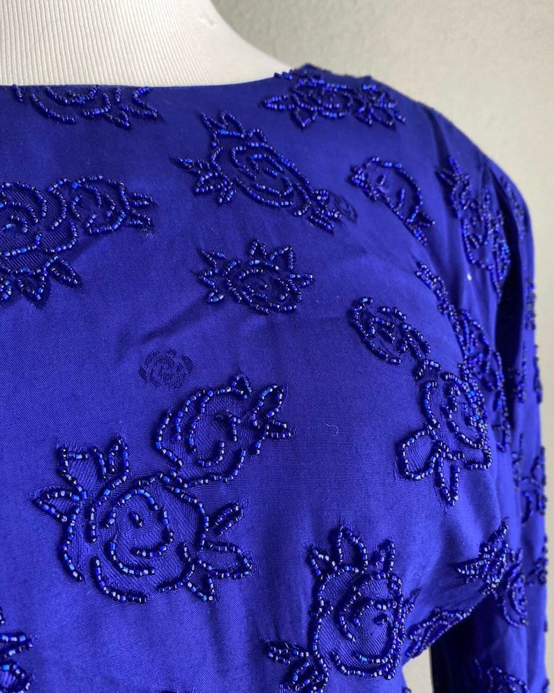 Vintage 80s Marie st Clair beaded long sleeve peplum sheath formal cocktail dress purple 8 10 open back image 10