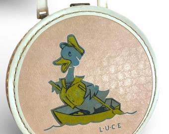 Vtg 1950er Jahre LUCE Runder Kinderpuppenkoffer Pink Duck Reisekoffer