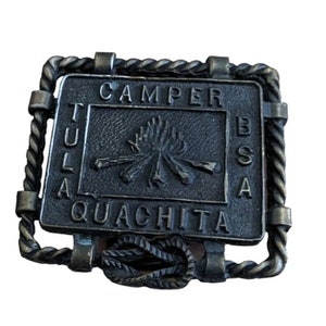 Vtg Boy Scouts BSA Belt Buckle Braided Metal Quachita Arkansas Camper Fire 1950s