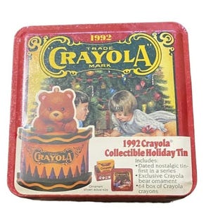 Vtg Crayola Crayons Collectors Tin 64 Crayons Christmas Ornament Gift Set 1994