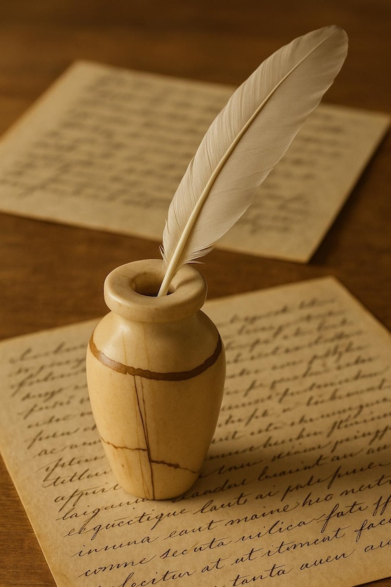 小さな彫刻が施された石のインク壺または花瓶、天然の脈のあるチーク調