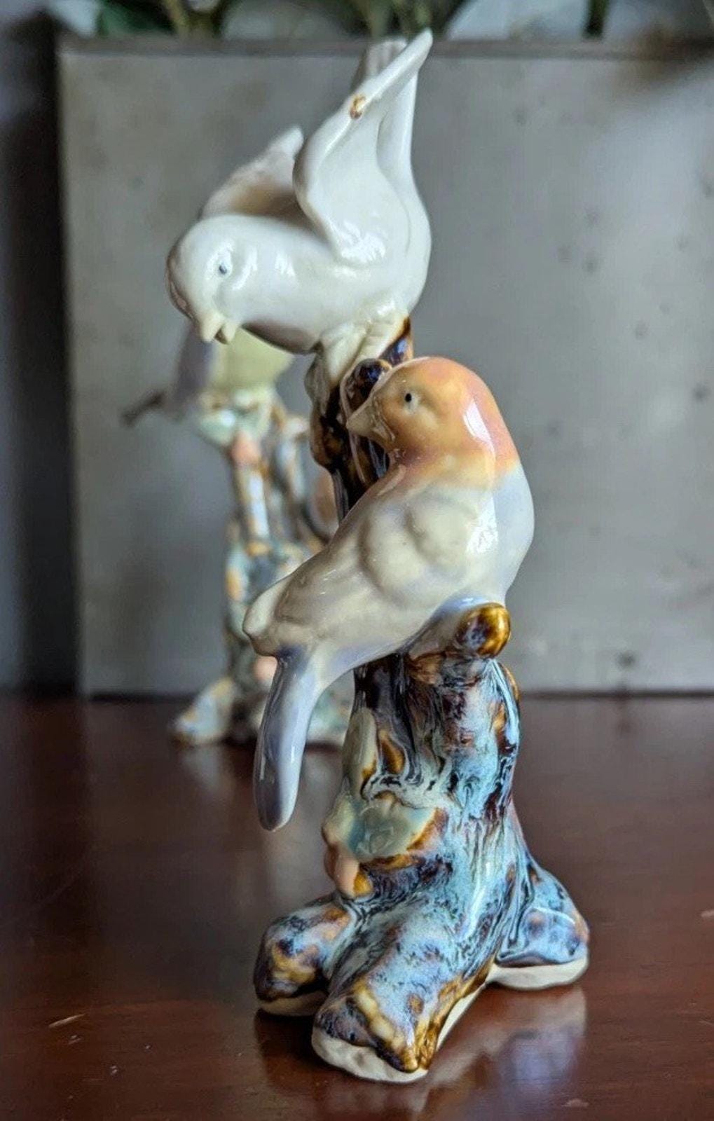 アンティーク シワン 陶器 中国製 マジョリカ 鳥 ツリー 置物 ペア