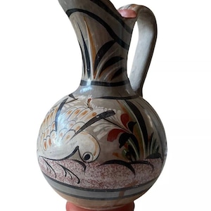 Vtg Mexican Sandstone Pottery Tonala Bird Flowers Hand Painted Pitcher 9 in Vase