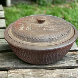 Vtg Japanese Treen Ware Bowl Lid Carved Trinket Jewelry Brown Wood