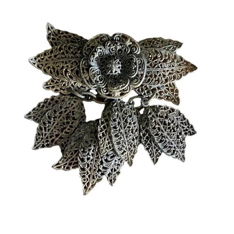 Antique Florenza Victorian Filigree Dangle brooch Pin Silver Metal Flower image 4