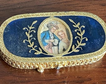 Vtg Estee Lauder Perfume Solid Blue Enamel Gold Victorian Lady Miniature Compact