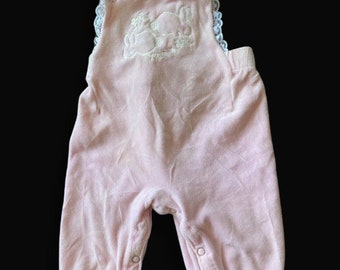 Vintage Carters Pink Bunny Rabbit Overalls Baby 6 Months Velvet Lace Jumper Usa