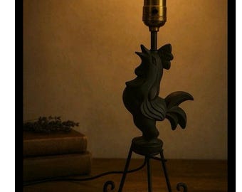 Vtg Cast Iron Rooster Lamp Country Farmhouse Black Metal Chicken Barn