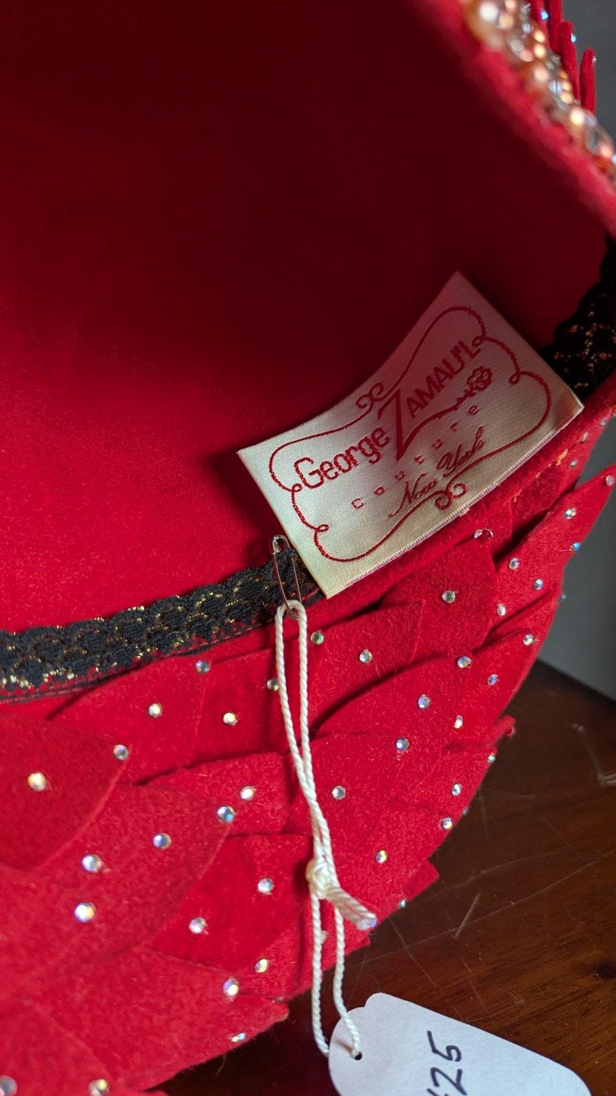 Vtg George Zamaul Couture Glamour Hat Red Rhinestone African 