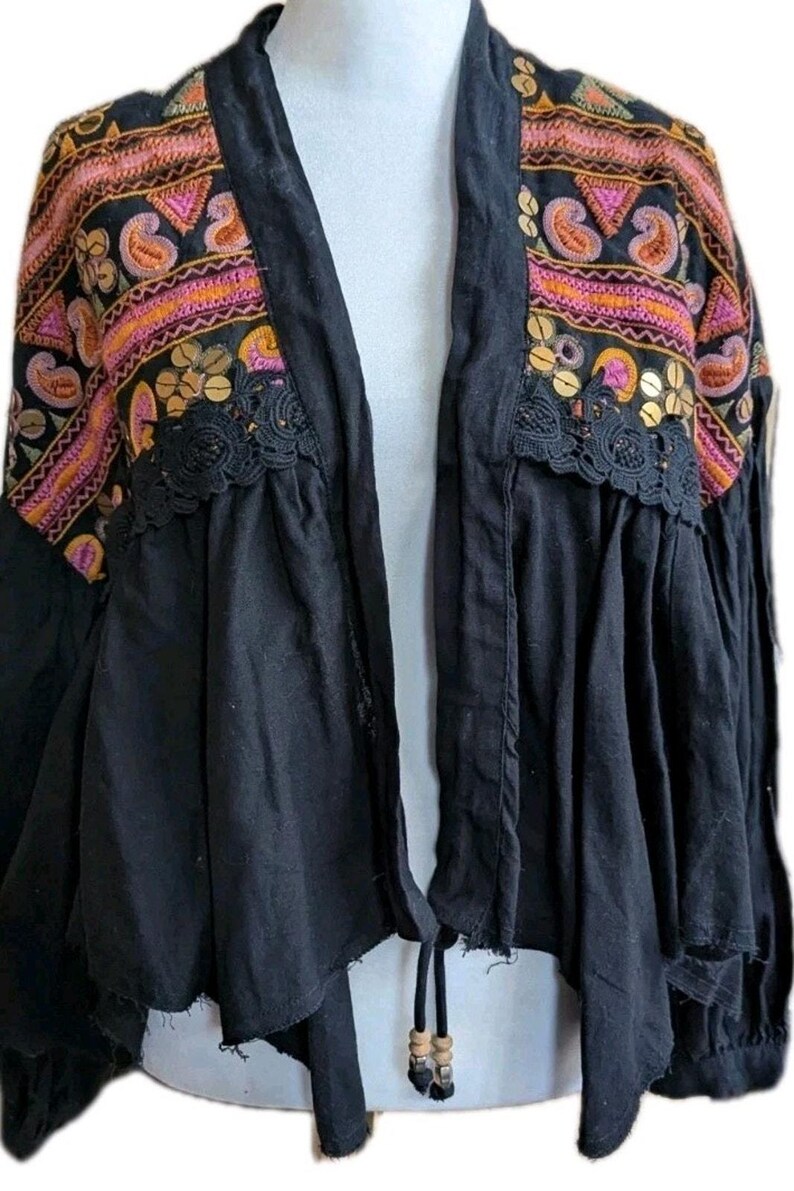Free People Savannah Bed Jacket Boho Festival Embroidered Crop Cardigan M NWT image 3