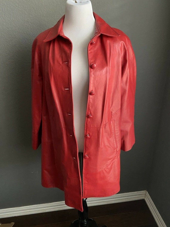 Vtg 70s Leather Factory Lipstick Red car coat Lon… - image 7