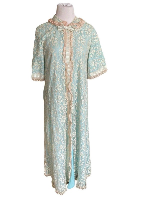 Vintage 60s Odette Barsa Aqua Blue White Lace Over