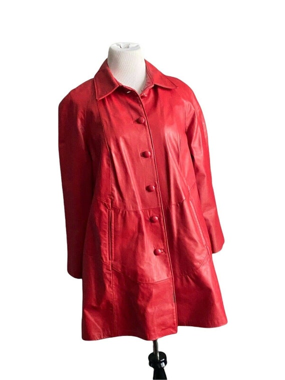 Vtg 70s Leather Factory Lipstick Red car coat Lon… - image 4