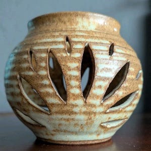 Vtg Studio Art pottery Luminary candleholder Vase hand thrown Mcm Signed Pierced