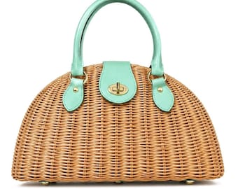 Banana Republic rottinghandväska i mintgrönt läder, sommarväska i boho-stil