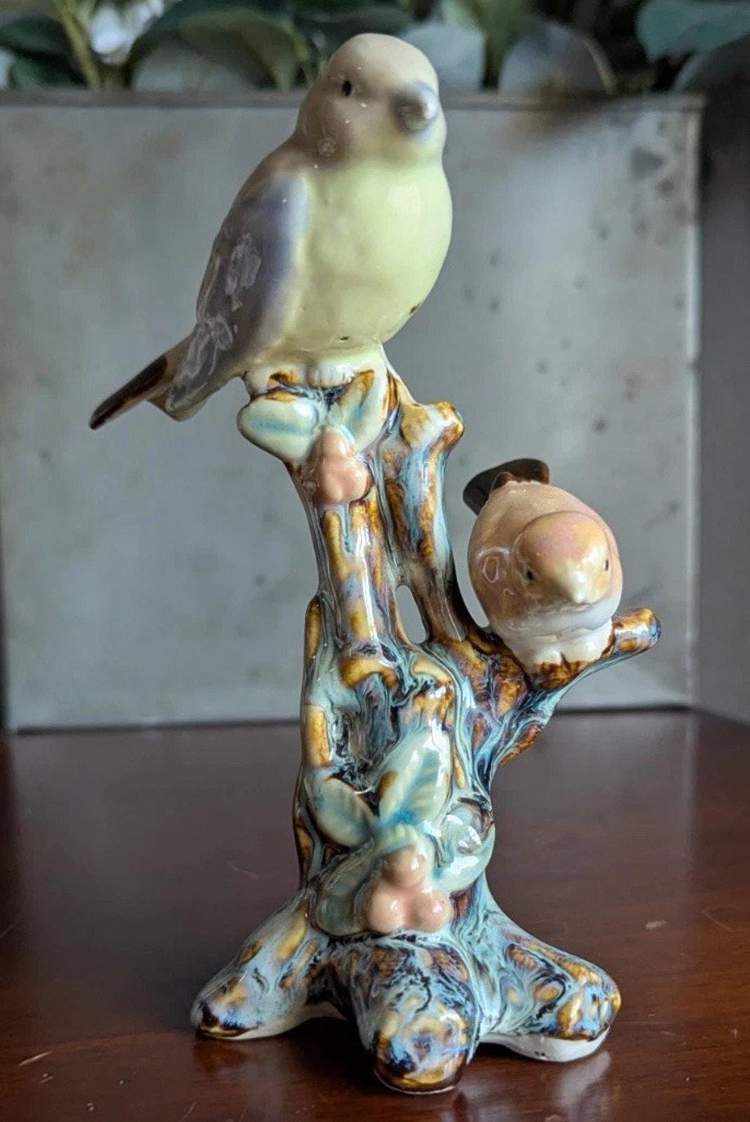 アンティーク シワン 陶器 中国製 マジョリカ 鳥 ツリー 置物 ペア