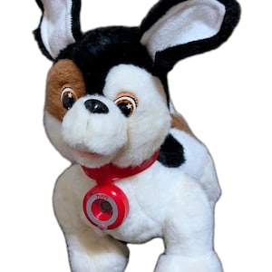 May include: A soft toy dog with a red collar and a red pendant. The dog has black, brown, and white fur, with large, expressive eyes. The pendant has the word "Toby" on it.