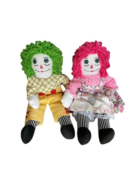RAGGEDY ANN＆ANDYペア Designer Handmade Raggedy Ann Andy Doll Pair Set Pink Green