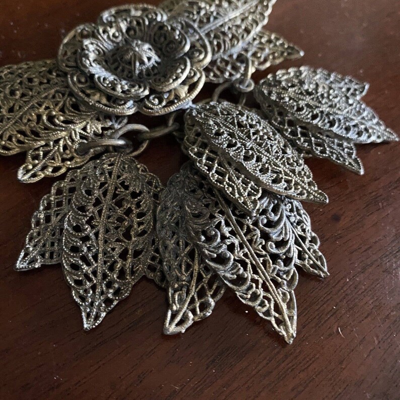 Antique Florenza Victorian Filigree Dangle brooch Pin Silver Metal Flower image 7