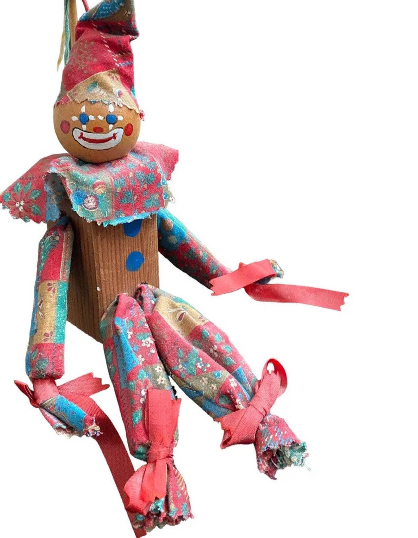 Vtg Wood Block Clown Doll Shelf Sitter Jester Red Handmade Folk Art ...