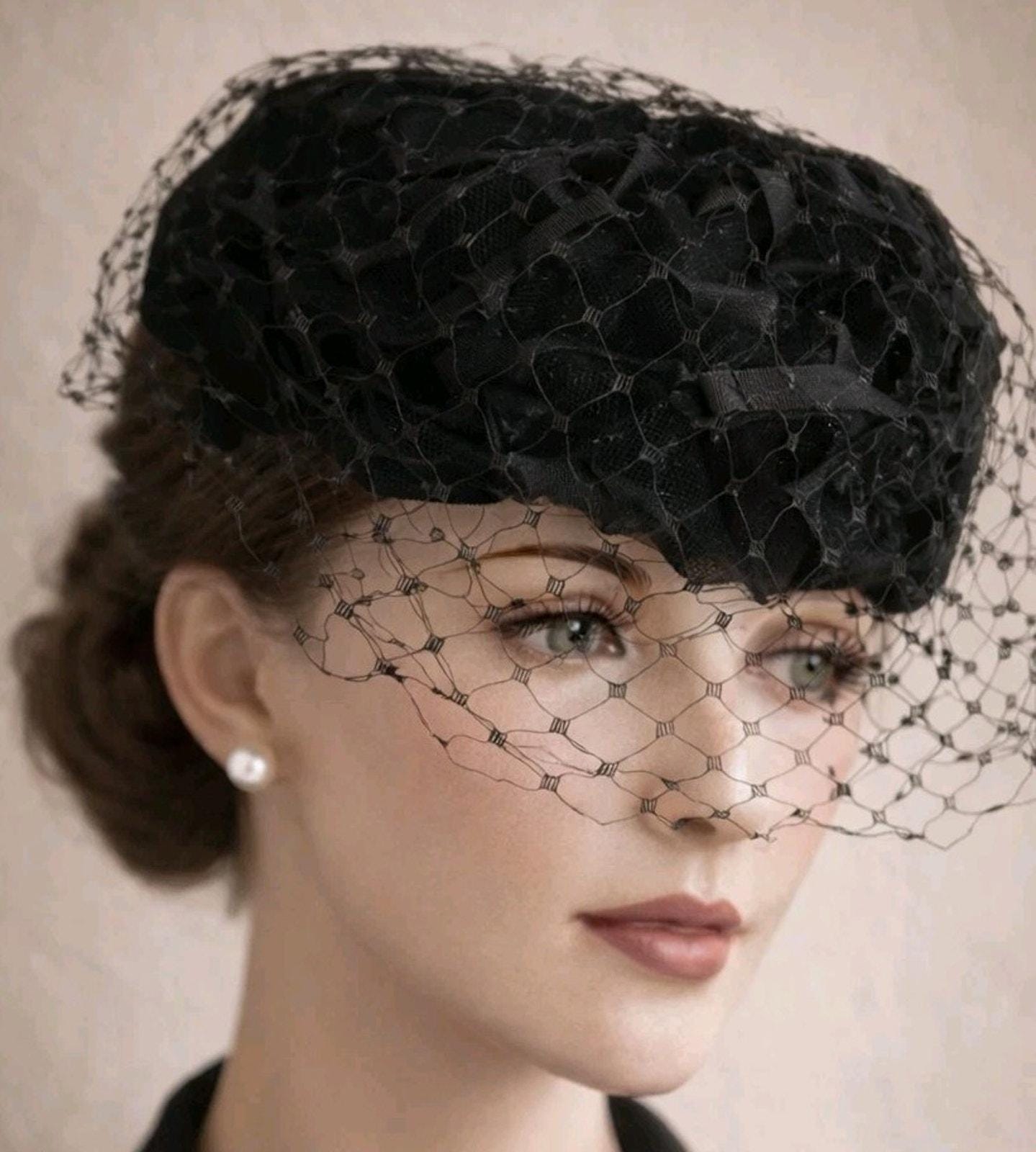 Vintage Black Velvet Pillbox Hat Face Veil with Dot Accents Union Label 50s/60s Pillbox Veil Hat in Black Velvet – Better Dresses  main image 3