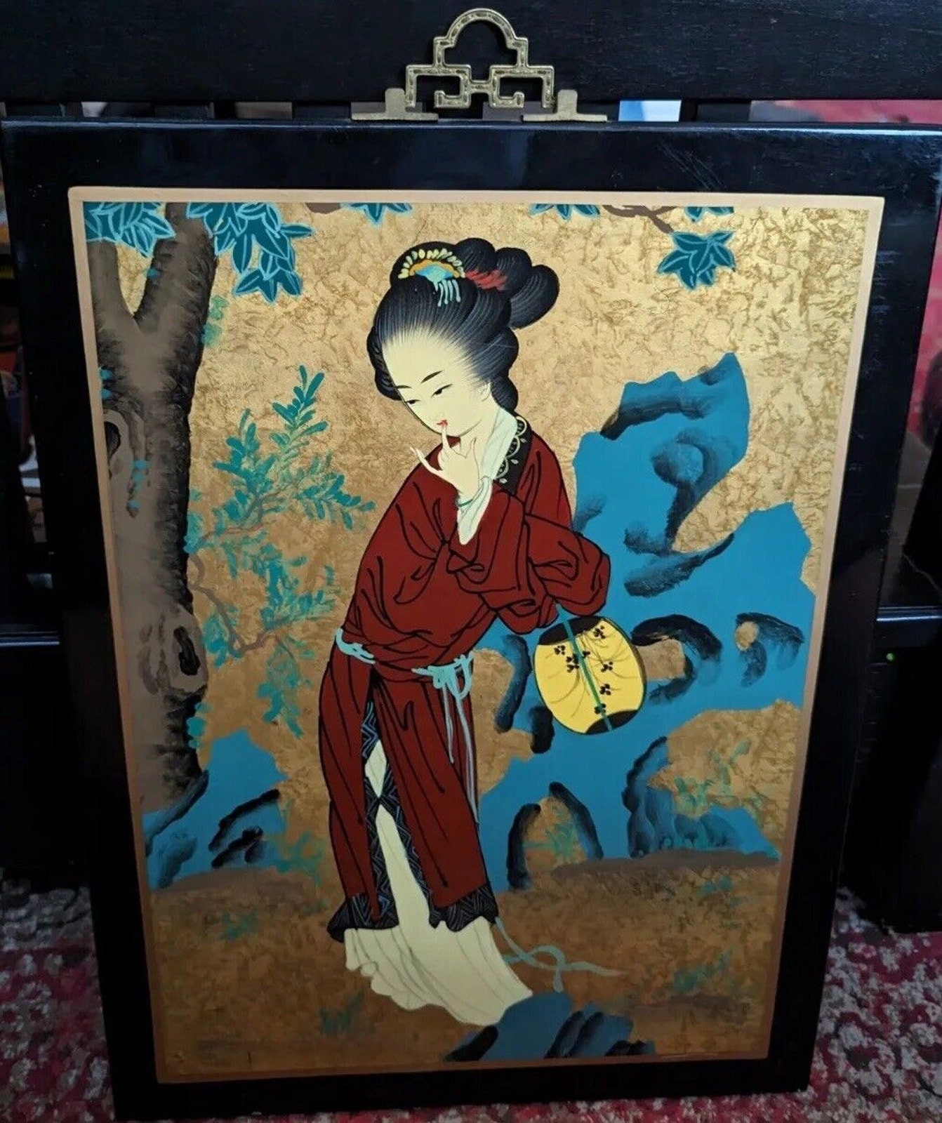 Vintage Japanese Hand Painted Lacquer Wood Panel Geisha Gold