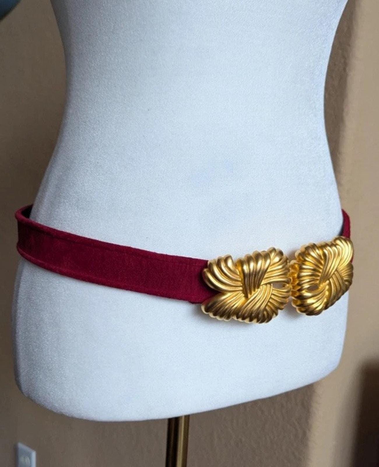 Vintage Carlisle Red Suede Belt: Gold Tone Art Deco Buckle 
