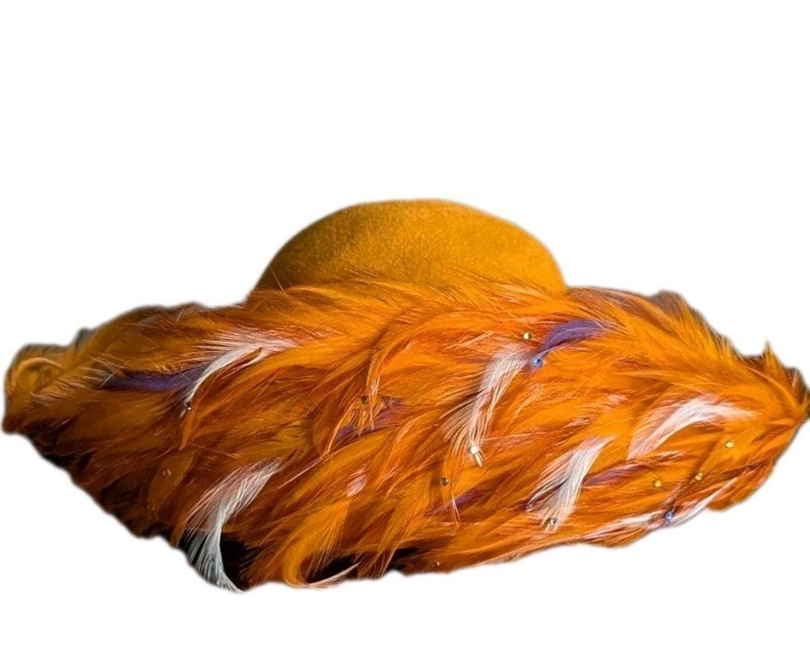 George Zamaul Couture Ladies Orange Felt Hat Feathers  display picture 1