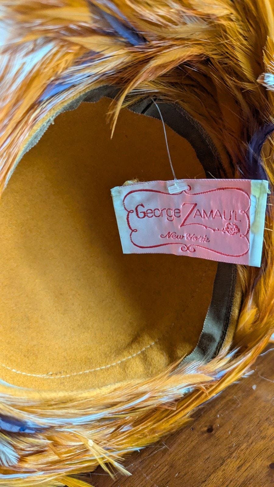 George Zamaul Couture Ladies Orange Felt Hat Feathers  display picture 1