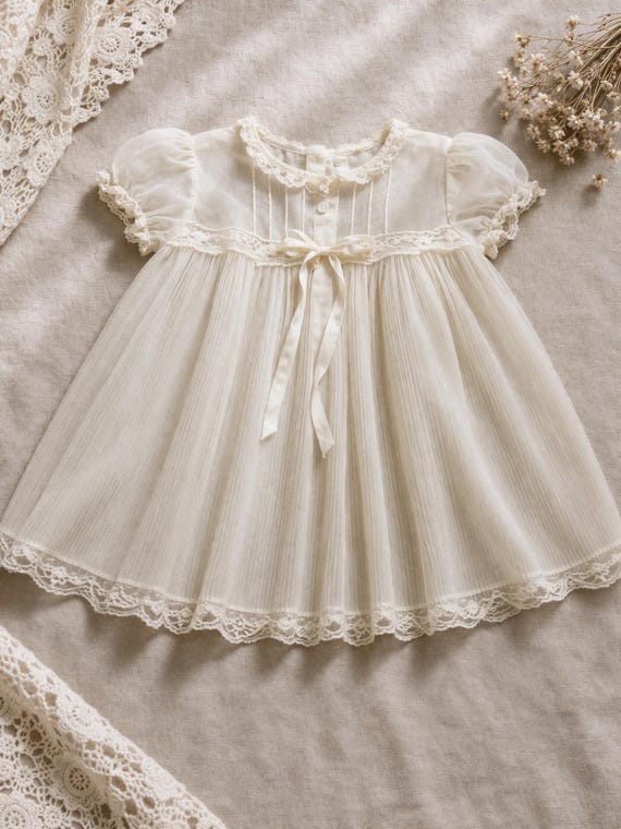 Vintage Baby Christening Dress 12M Sheer Lace Baptism Gown Heirloom Infant Dress Madonna Original