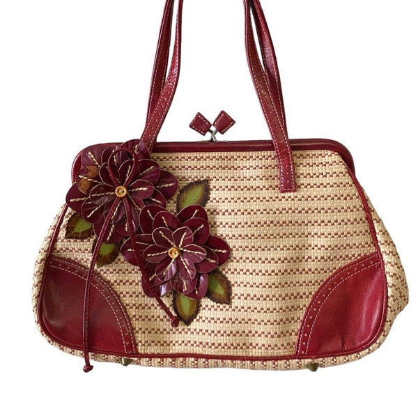 vtg Isabella Fiore straw purse basket weave red leather Flower Shoulder Bag