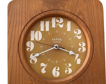 Vintage MCM Elgin Wooden Wall Clock Mid century 1960s Square