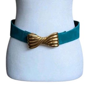 Vtg Carlisle Teal Blue Suede Leather Belt Gold Tone Buckle  display picture 1